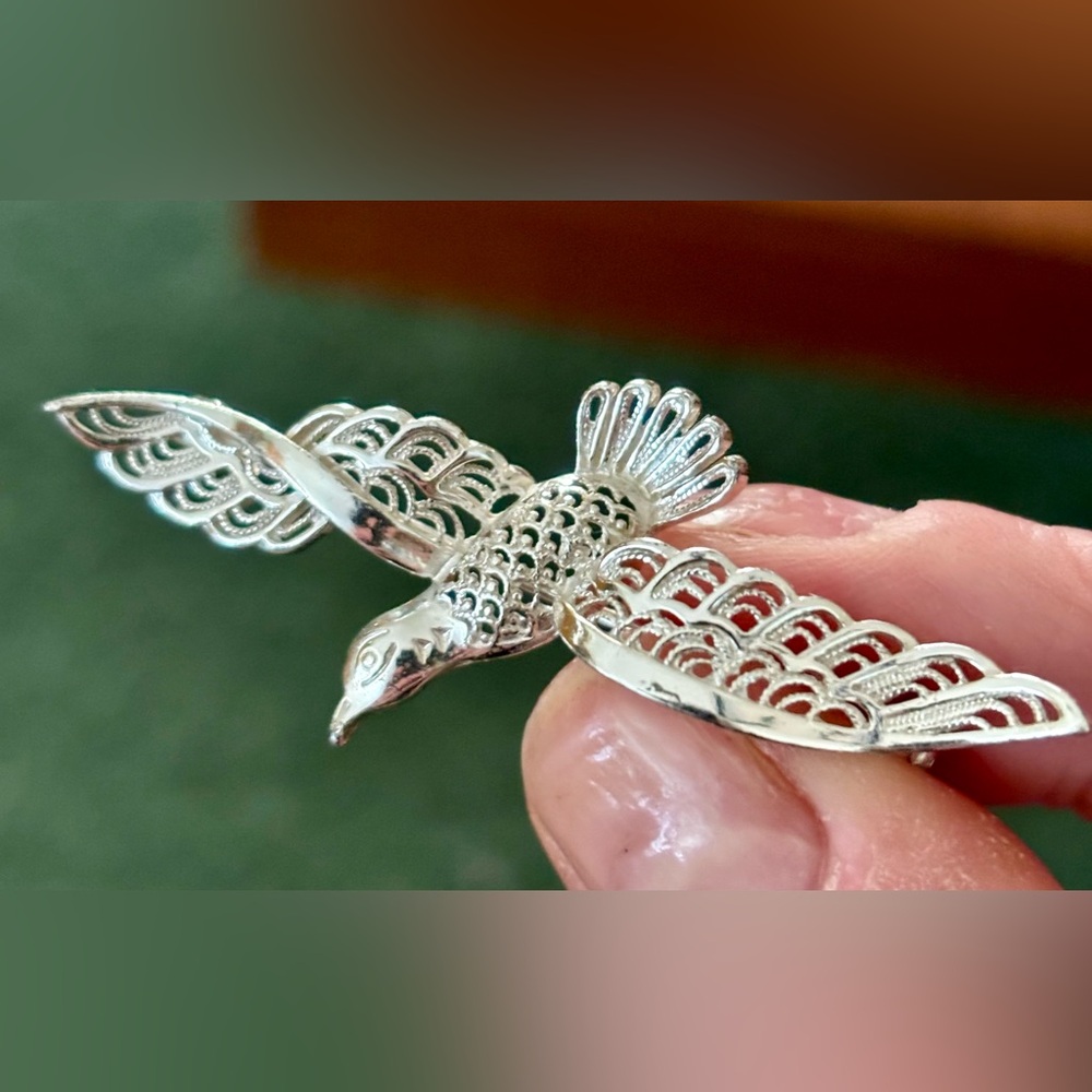 Vintage 1960 filigree seagull silver brooch-RARE